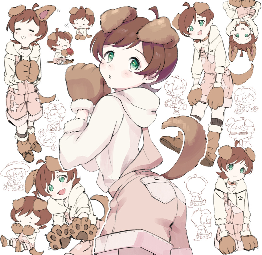1girl, :3, :o, ahoge, animal_ears, animal_hands, apple, blush