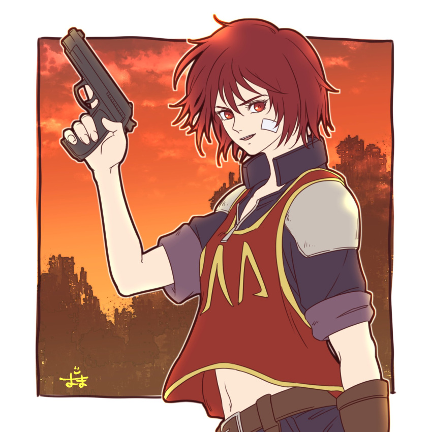 1girl, arc_the_lad, arc_the_lad_iii, bandages, belt, brown_eyes, cheryl_(arc_the_lad), clouds, denim, gloves, gun, highres, holding, holding_gun, holding_weapon, jeans, looking_at_viewer, midriff, navel, oma, open_mouth, pants, redhead, short_hair, smile, solo, weapon