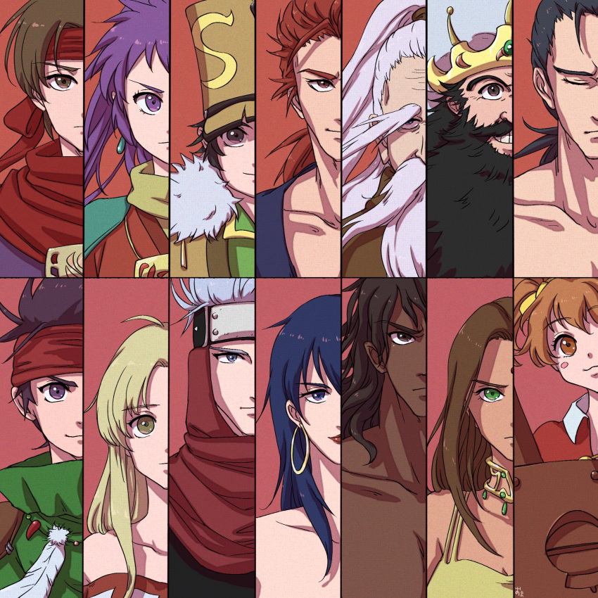 arc_(arc_the_lad), arc_the_lad, arc_the_lad_ii, bare_shoulders, beard, blonde_hair, breasts, choko_(arc_the_lad), closed_mouth, collarbone, dark-skinned_male, dark_skin, earrings, elc_(arc_the_lad), everyone, facial_hair, gogen_(arc_the_lad), gruga_(arc_the_lad), highres, hoop_earrings, iga_(arc_the_lad), jewelry, kukuru_(arc_the_lad), lieza_(arc_the_lad), lipstick, long_hair, looking_at_viewer, makeup, multiple_boys, multiple_girls, oma, poco_(arc_the_lad), sania_(arc_the_lad), shante_(arc_the_lad), short_hair, shu_(arc_the_lad), simple_background, smile, tosh_(arc_the_lad)