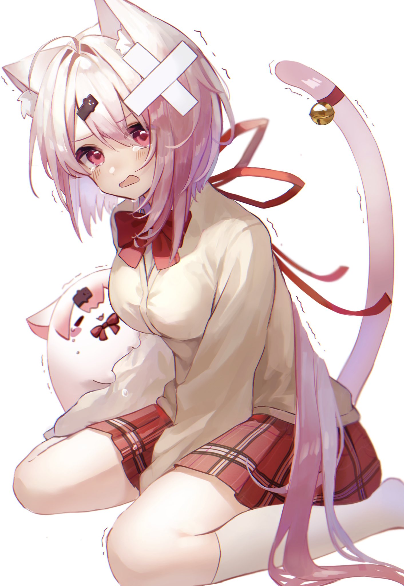 1girl, animal_ears, bandaid, bell, bow, cardigan, cat_ears, cat_tail