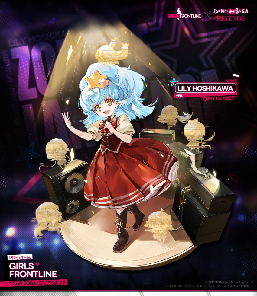 1girl, blue_hair, boots, bow, bowtie, brown_footwear, character_name, chibi