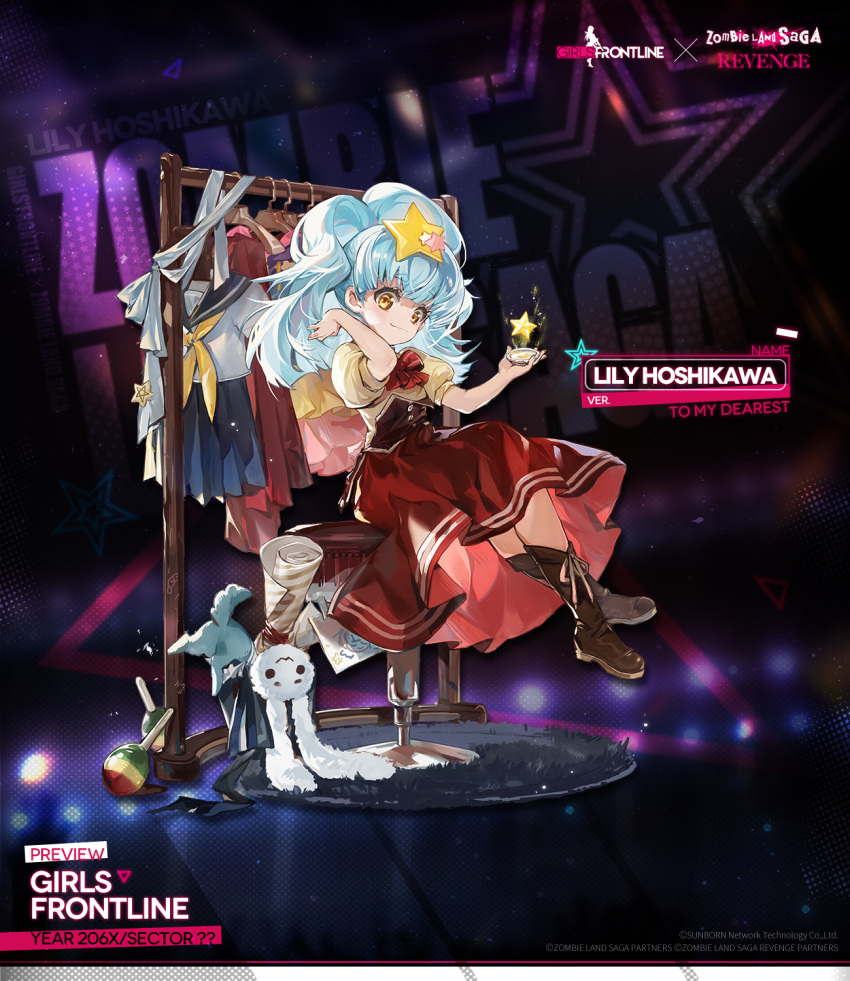 1girl, bag, blue_hair, boots, bow, bowtie, brown_footwear, chair