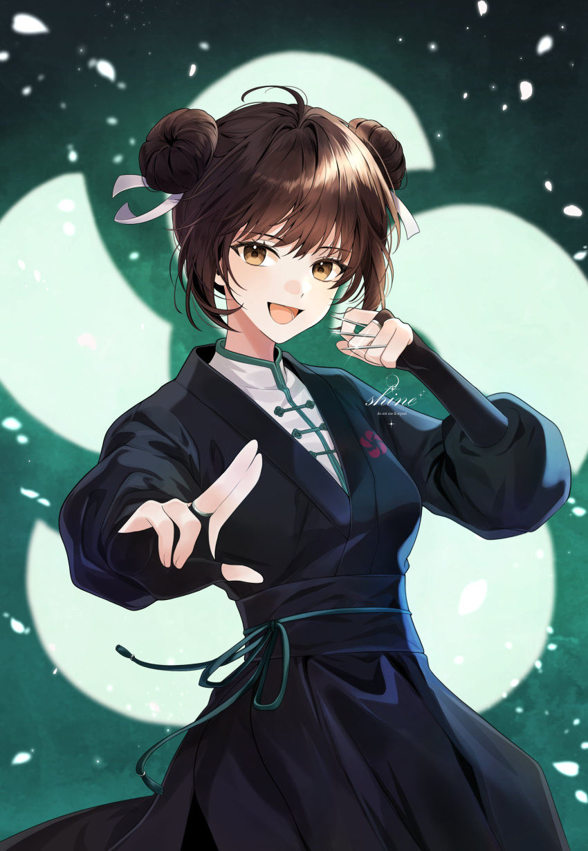 1girl, absurdres, brown_eyes, brown_hair, double_bun, fingerless_gloves, glint, gloves