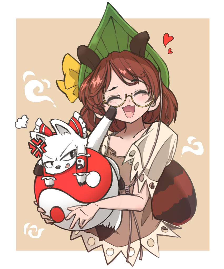 1girl, absurdres, animal, animal_ears, blush, brown_hair, brown_shirt, closed_eyes