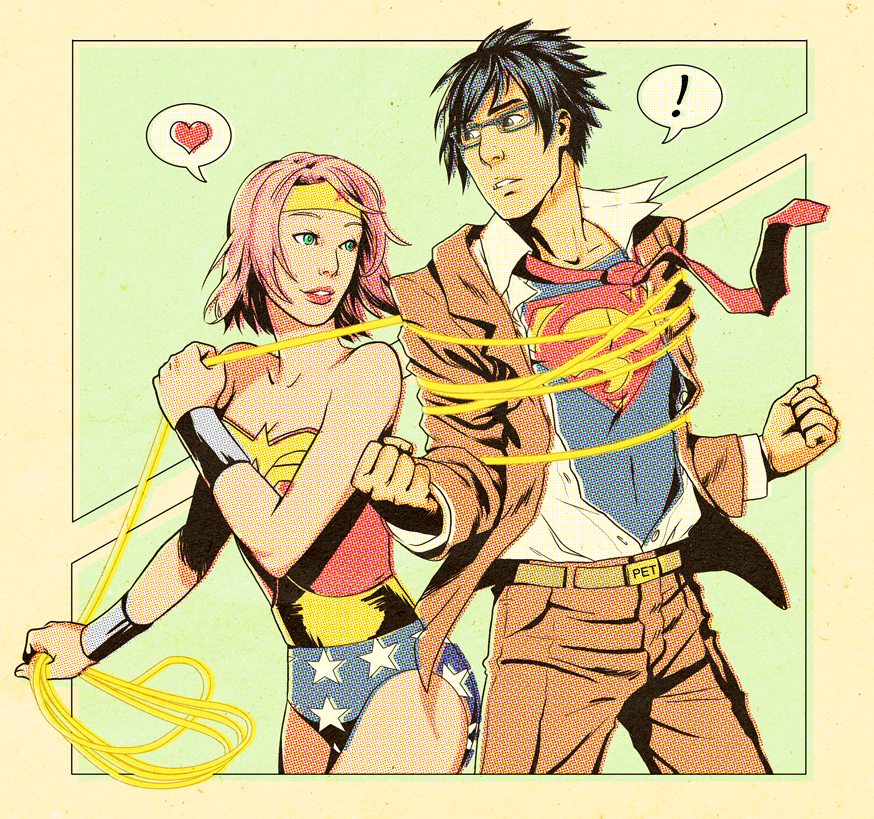 black_hair, cosplay, crossover, dc_comics, green_eyes, halftone, haruno_sakura, heart