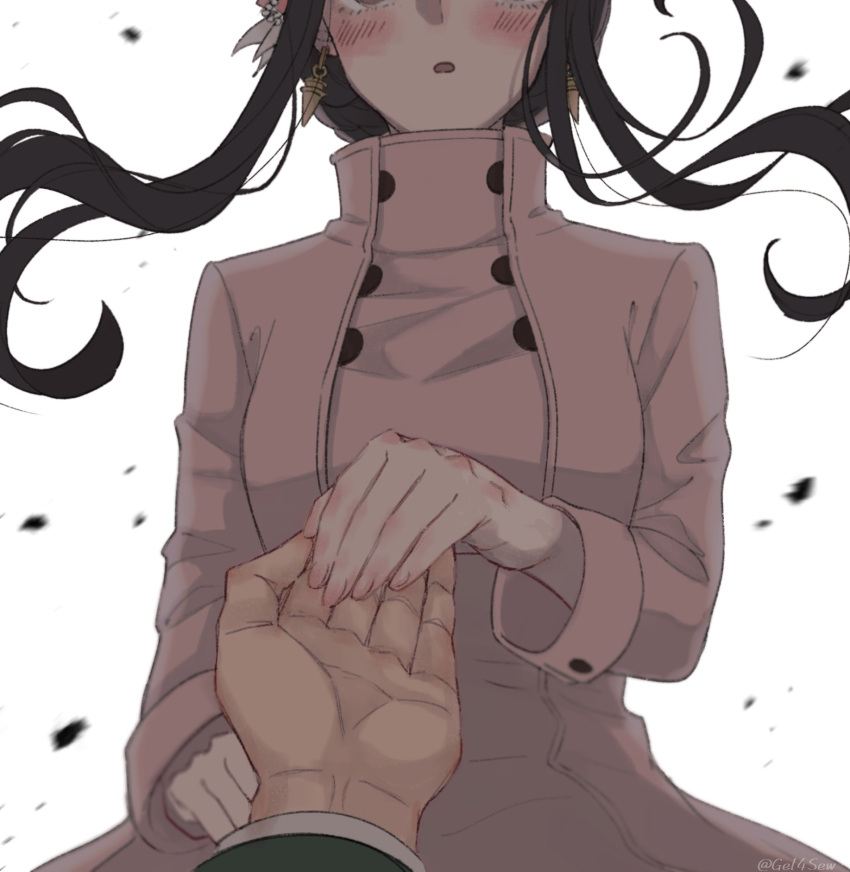 1boy, 1girl, black_hair, blush, coat, earrings, formal, gold_earrings