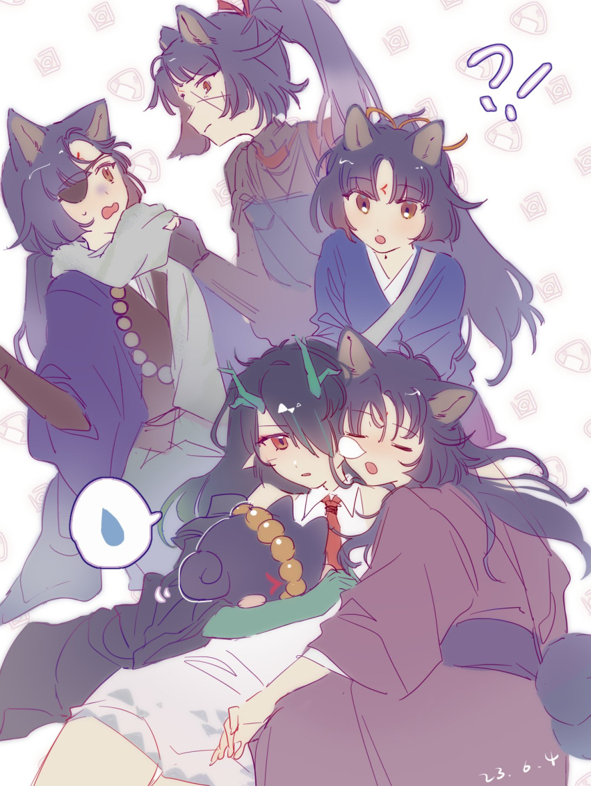 2girls, animal_ears, aqua_skin, arknights, bead_bracelet, beads, black_hair, black_jacket