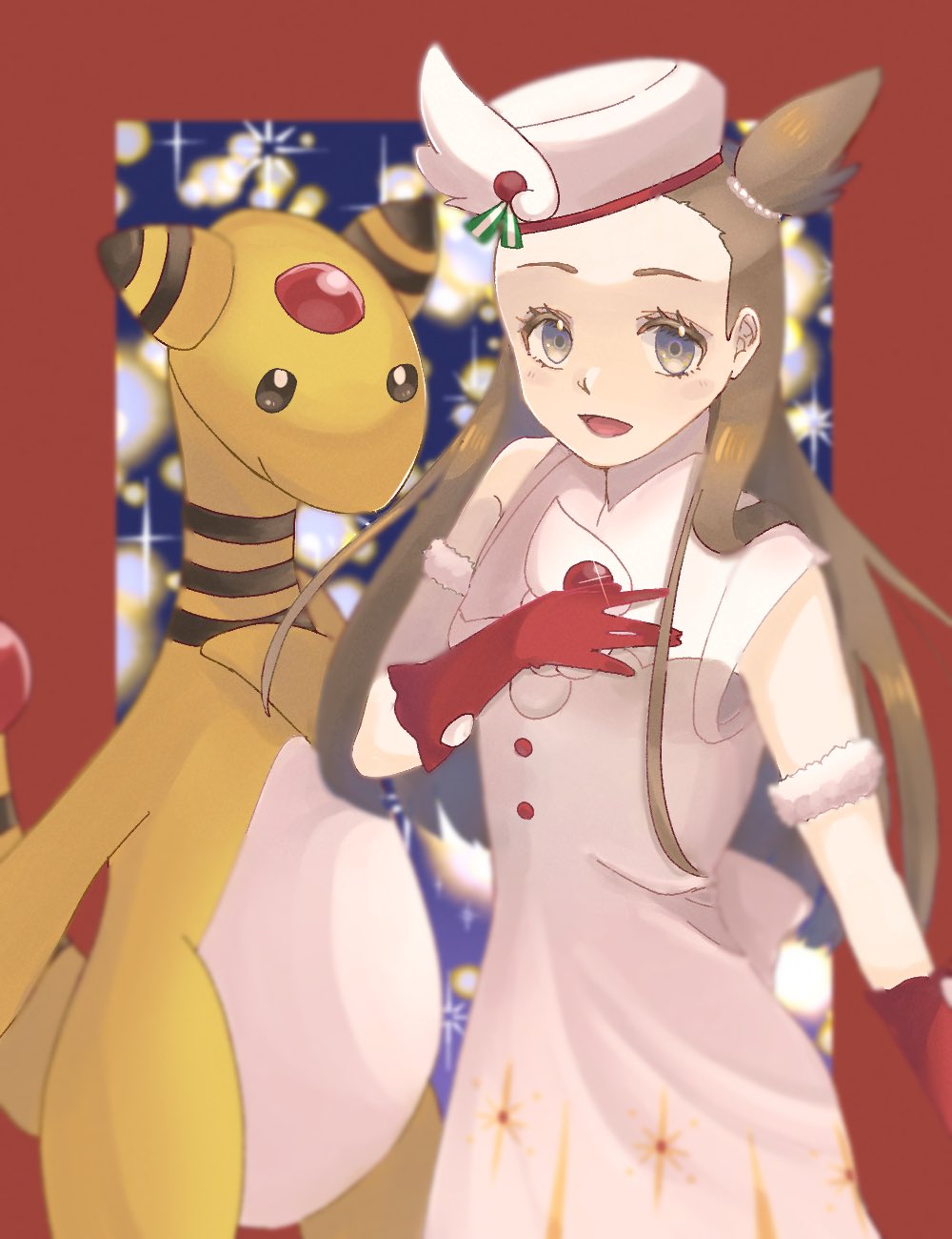 1girl, :d, ampharos, blurry, brown_hair, commentary_request, dress, eyelashes, gloves, grey_eyes, hand_up, hat, highres, jasmine_(holiday_2022)_(pokemon), jasmine_(pokemon), long_hair, looking_at_viewer, official_alternate_costume, one_side_up, open_mouth, pokemon, pokemon_(creature), pokemon_(game), pokemon_masters_ex, red_gloves, ryusa_(gjgd7445), smile, white_dress, white_headwear