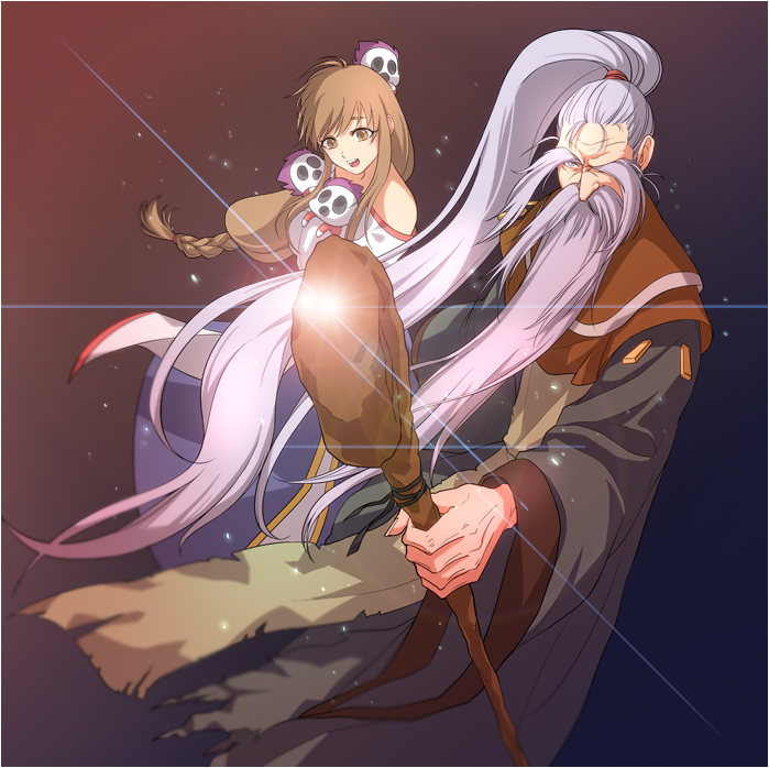 1boy, 1girl, arc_the_lad, arc_the_lad_ii, bare_shoulders, braid, brown_eyes, brown_hair