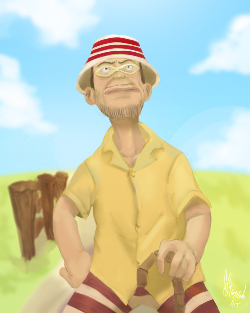 1boy, brown_hair, cane, closed_mouth, clouds, cloudy_sky, day, facial_hair, glasses, hat, highres, holding, holding_cane, looking_up, one_piece, shirt, short_hair, short_sleeves, signature, sky, solo, stick, strayzinho, striped, striped_headwear, woop_slap, yellow_shirt