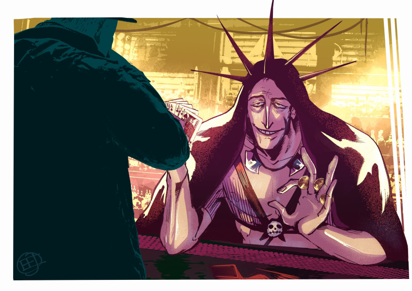 1boy, absurdres, card, ceej_indeed, collar, facial_hair, fishnets, grin