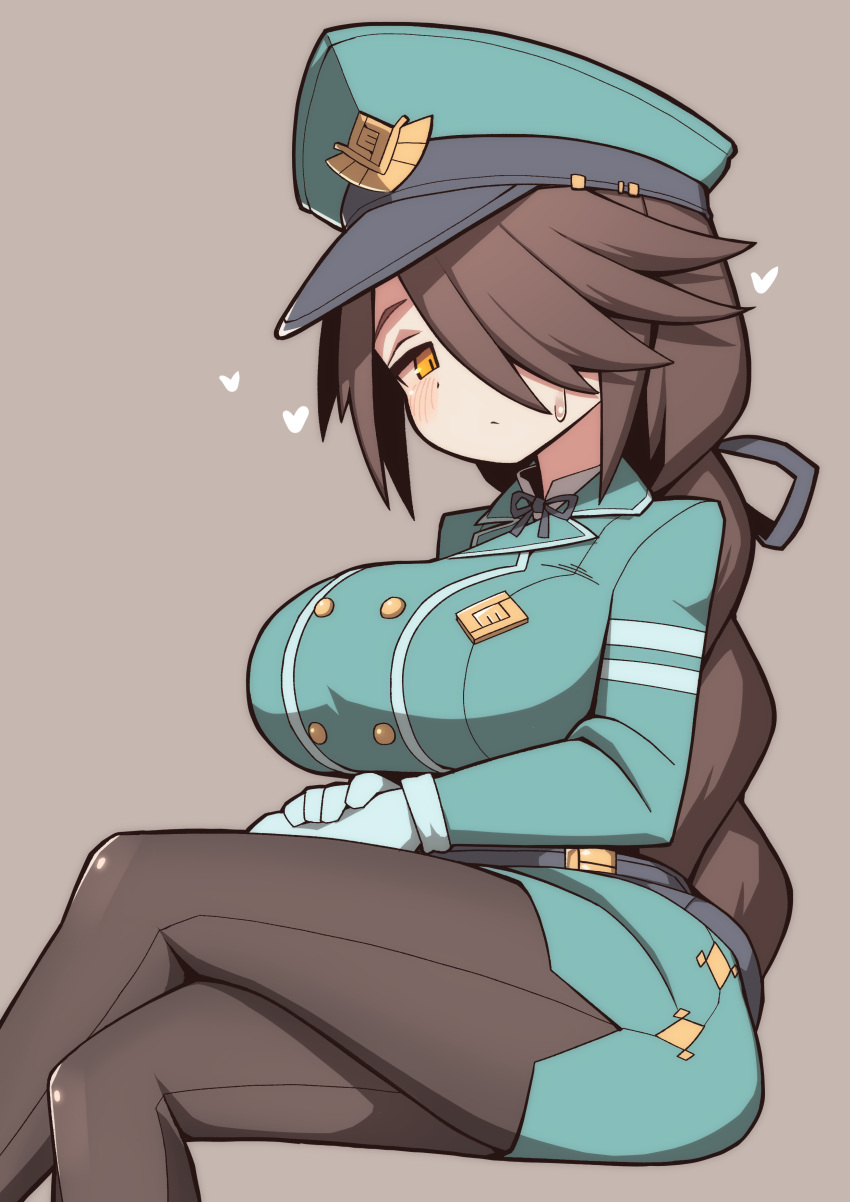 1girl, absurdres, aqua_dress, aqua_headwear, belt, black_belt, black_ribbon, blue_gloves