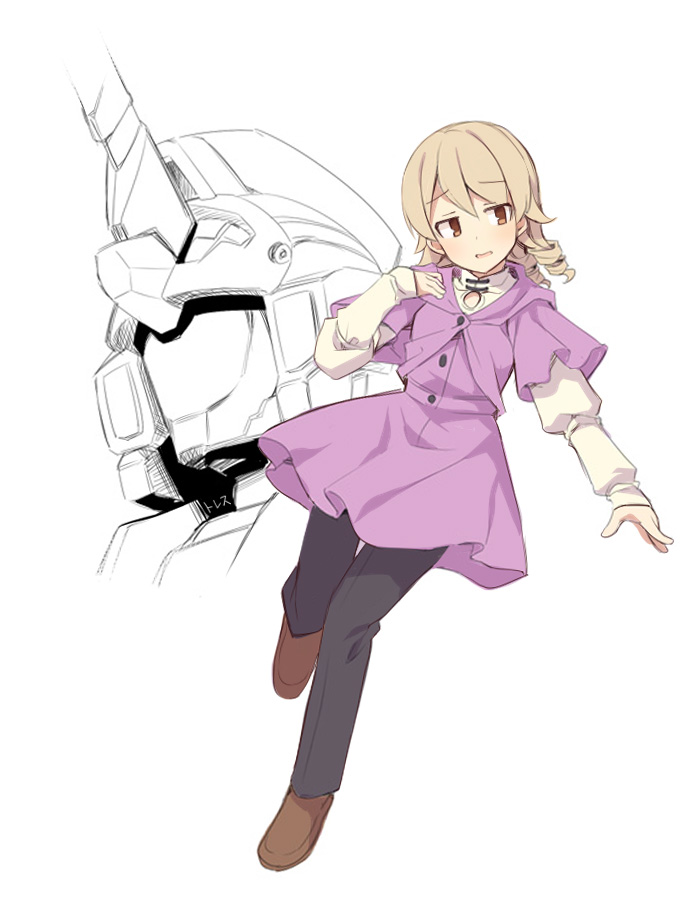 1girl, audrey_burne, audrey_burne_(cosplay), black_pants, blush, brown_eyes, brown_footwear, brown_hair