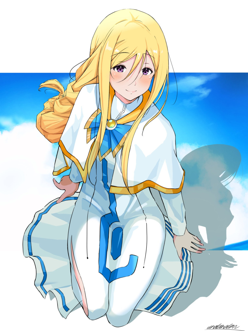 1girl, alicia_florence, andanden, aria, aria_company_uniform, arm_support, blonde_hair, blue_bow