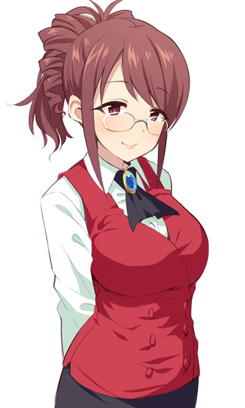 1girl, arms_behind_back, black_skirt, blush, breasts, brooch, brown_hair, closed_mouth