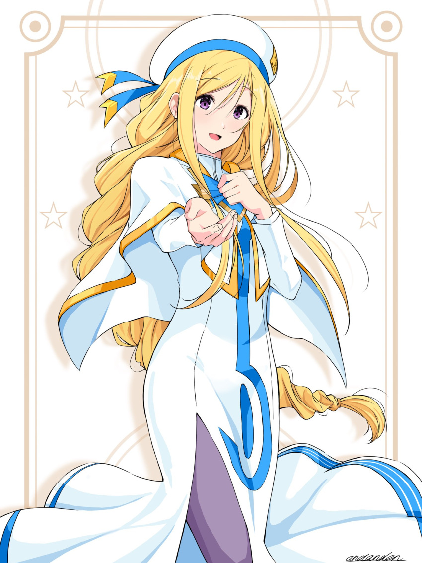 1girl, alicia_florence, andanden, aria, aria_company_uniform, beret, blue_bow, blue_bowtie, blue_ribbon, bow, bowtie, braid, capelet, dress, eyelashes, feet_out_of_frame, gold_trim, hair_between_eyes, hands_up, hat, hat_ribbon, highres, long_dress, long_hair, long_sleeves, open_mouth, outstretched_arm, pantyhose, parted_bangs, purple_pantyhose, ribbon, side_slit, signature, solo, standing, swept_bangs, violet_eyes, white_capelet, white_dress, white_headwear