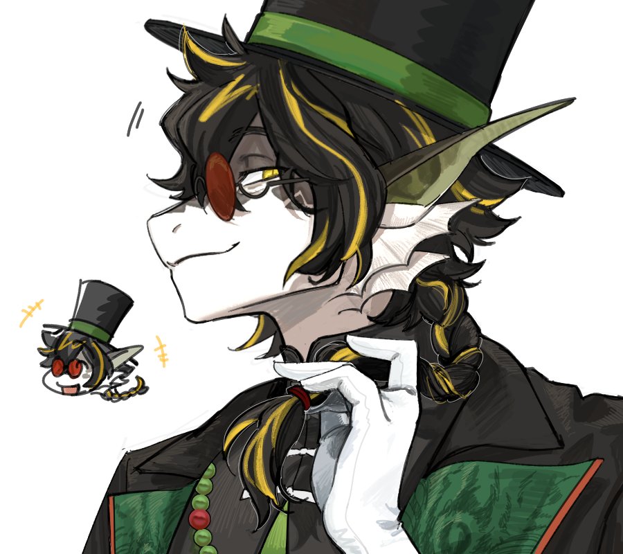 +++, 1boy, arknights, black_headwear, braid, chenjuee, chibi, chinese_commentary