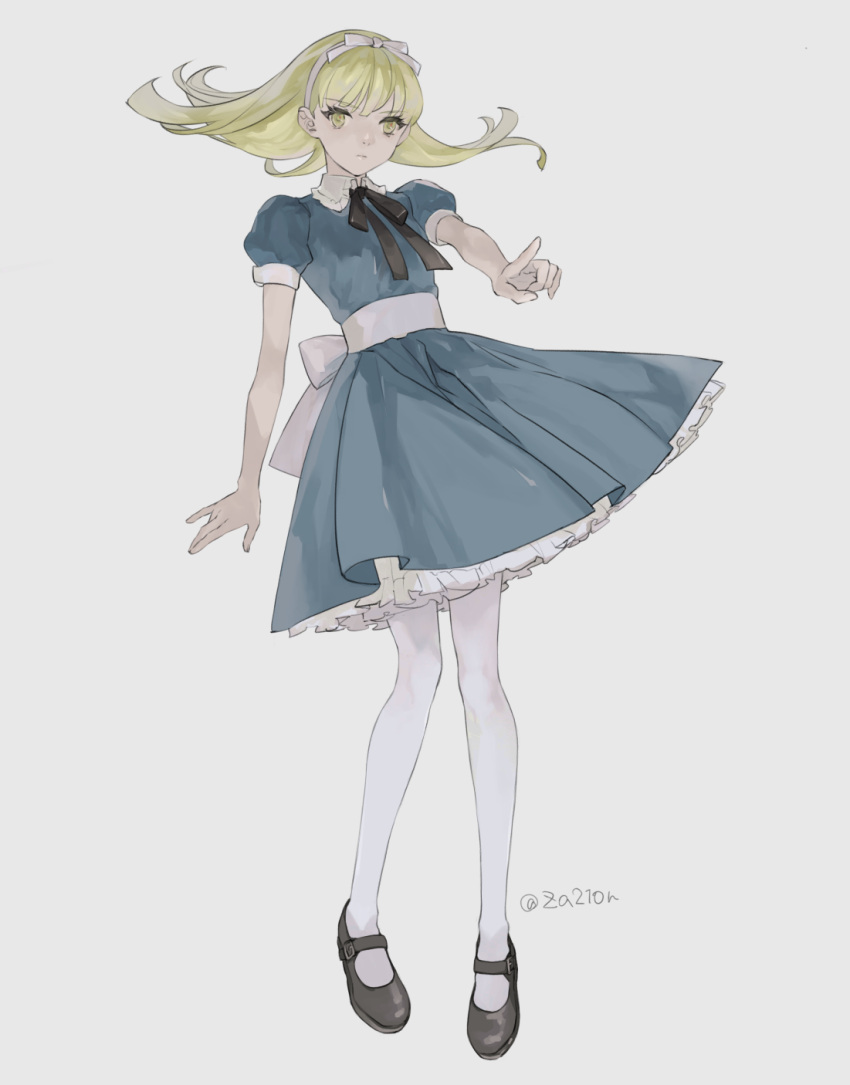1girl, alice_(megami_tensei), black_footwear, blonde_hair, blue_dress, dress, floating_hair, full_body, grey_background, hairband, highres, long_hair, looking_at_viewer, mary_janes, pantyhose, pointing, pointing_at_viewer, puffy_short_sleeves, puffy_sleeves, shin_megami_tensei, shoes, short_sleeves, simple_background, solo, twitter_username, white_hairband, white_pantyhose, yellow_eyes, za210n