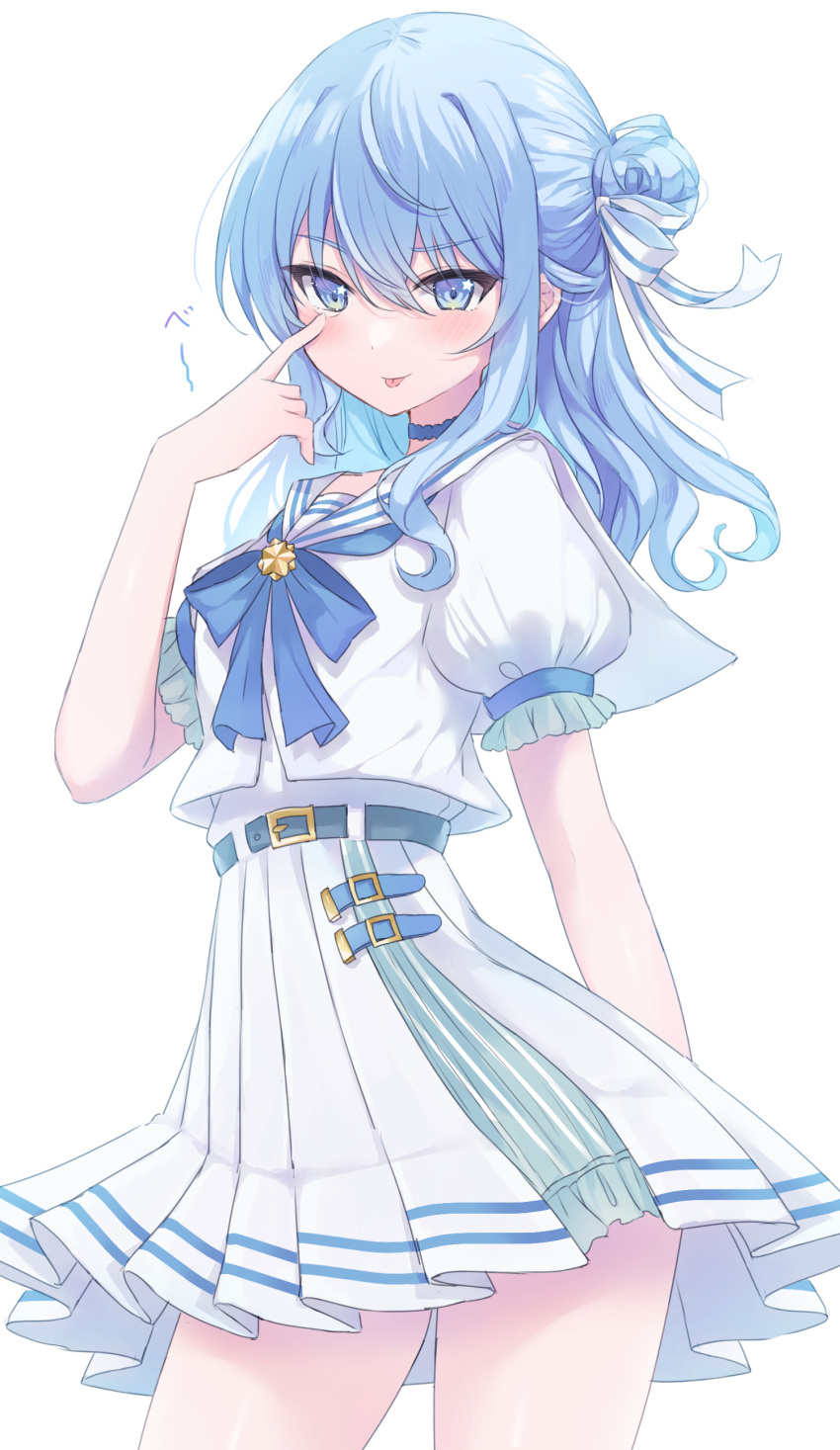 1girl, :p, absurdres, akanbe, arched_back, arm_behind_back, belt, blue_belt, blue_bow, blue_bowtie, blue_choker, blue_eyes, blue_hair, bow, bowtie, brooch, choker, commentary, cowboy_shot, frilled_sleeves, frills, hair_between_eyes, hair_bun, hair_ribbon, half-skirt, half_updo, highres, hololive, hoshimachi_suisei, hoshimachi_suisei_(4th_costume), jewelry, kohaku_(csacu), legs_apart, light_blush, long_hair, looking_at_viewer, official_alternate_costume, official_alternate_hairstyle, pleated_skirt, puffy_short_sleeves, puffy_sleeves, ribbon, sailor_collar, sanpaku, school_uniform, serafuku, shirt, short_sleeves, single_side_bun, skirt, solo, star_(symbol), star_brooch, star_in_eye, symbol_in_eye, tongue, tongue_out, virtual_youtuber, white_ribbon, white_sailor_collar, white_serafuku, white_shirt, white_skirt