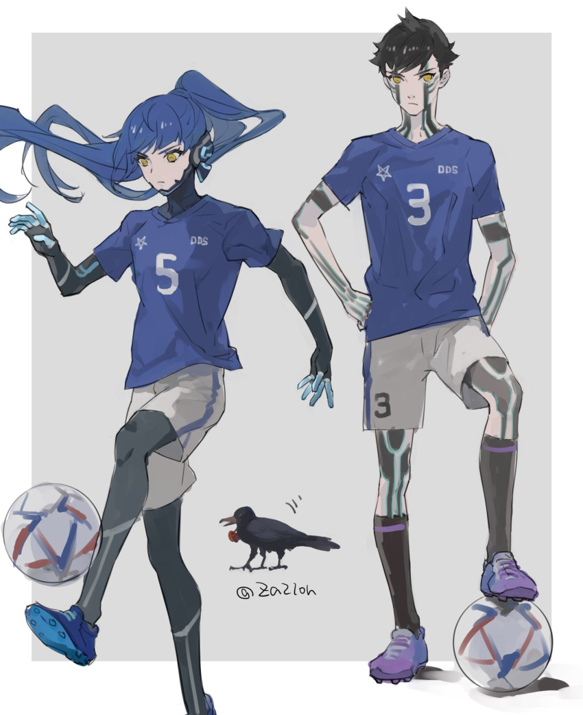 2boys, ball, bird, black_hair, black_socks, blue_hair, blue_shirt, cleats