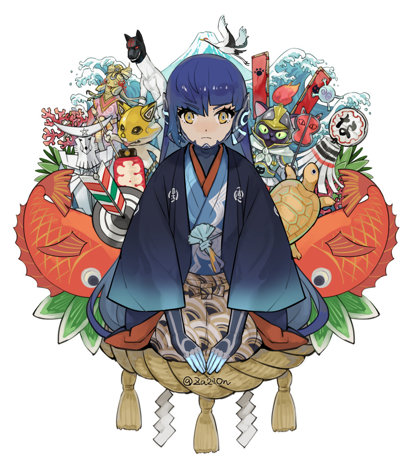 1boy, animal, bird, blue_eyes, blue_hair, cat, chironup, closed_mouth