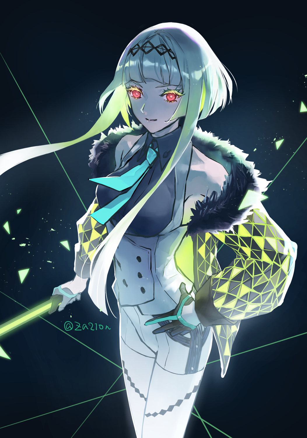 1girl, aqua_necktie, breasts, closed_mouth, eyelashes, fur-trimmed_jacket, fur_trim, gloves, green_hair, hairband, highres, holding, holding_weapon, jacket, looking_at_viewer, multicolored_hair, necktie, open_clothes, open_jacket, pants, red_eyes, ringo_(soul_hackers_2), shin_megami_tensei, short_hair_with_long_locks, simple_background, solo, soul_hackers_2, twitter_username, weapon, za210n