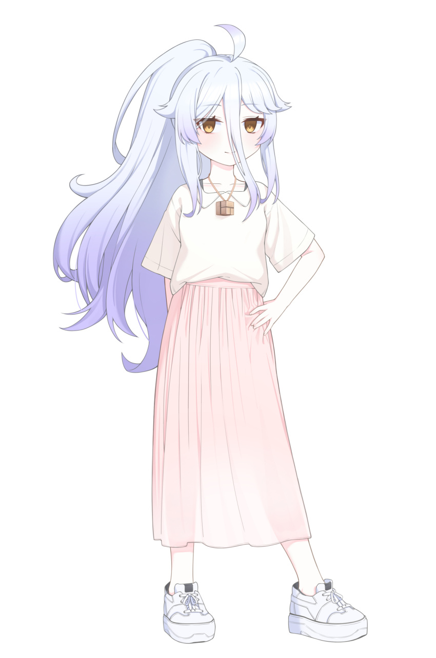 1girl, absurdres, ahoge, blush, cube, gradient_hair, grey_hair, hand_on_own_hip, henya_the_genius, highres, jewelry, long_bangs, long_hair, long_skirt, multicolored_hair, necklace, pink_skirt, ponytail, purple_hair, shirt, shoes, sidelocks, skirt, smile, sneakers, solo, ugaaaa5, virtual_youtuber, vshojo, white_footwear, white_shirt, yellow_eyes