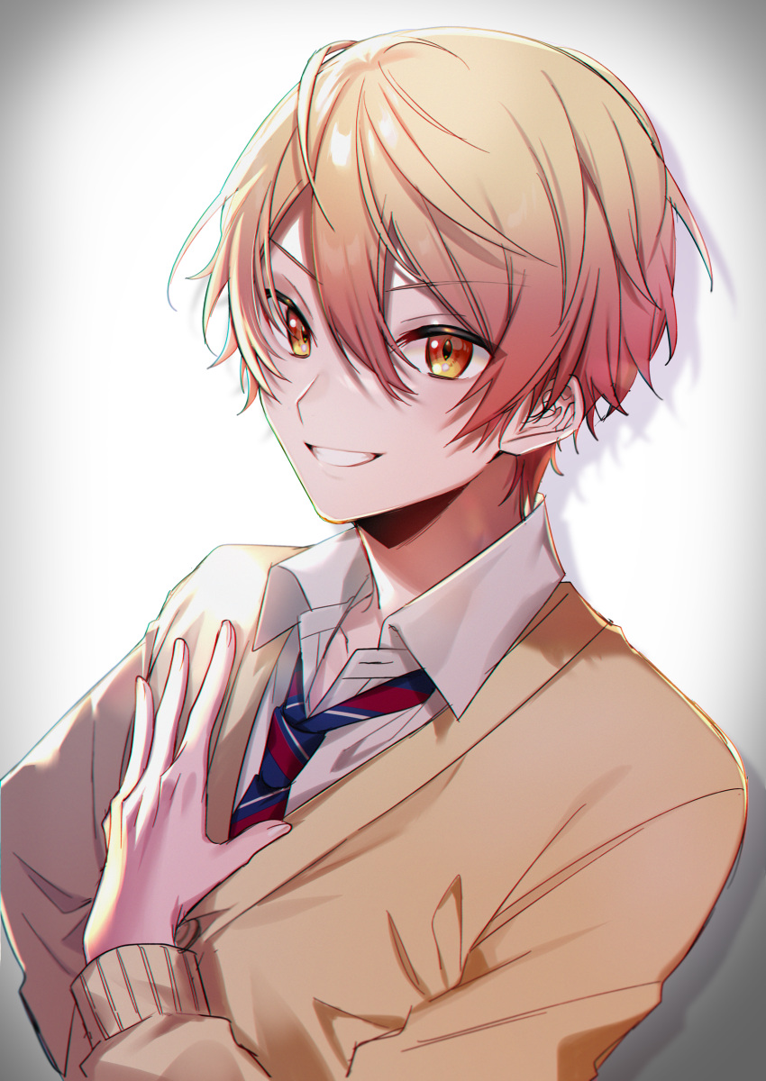 1boy, :d, absurdres, blonde_hair, blue_necktie, cardigan, chanms, collared_shirt, commentary, diagonal-striped_necktie, double-parted_bangs, fingernails, gradient_background, gradient_hair, grey_background, hair_between_eyes, hand_on_own_chest, highres, kamiyama_high_school_uniform_(project_sekai), long_bangs, looking_to_the_side, male_focus, multicolored_hair, multicolored_necktie, necktie, open_collar, orange_eyes, orange_hair, project_sekai, red_necktie, school_uniform, shadow, shirt, short_hair, smile, solo, teeth, tenma_tsukasa, upper_body, v-neck, vignetting, white_background, white_necktie, white_shirt, yellow_cardigan