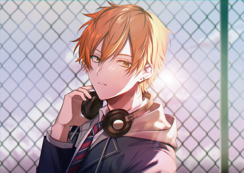 1boy, blazer, blonde_hair, blue_jacket, blue_necktie, chain-link_fence, chanms, commentary