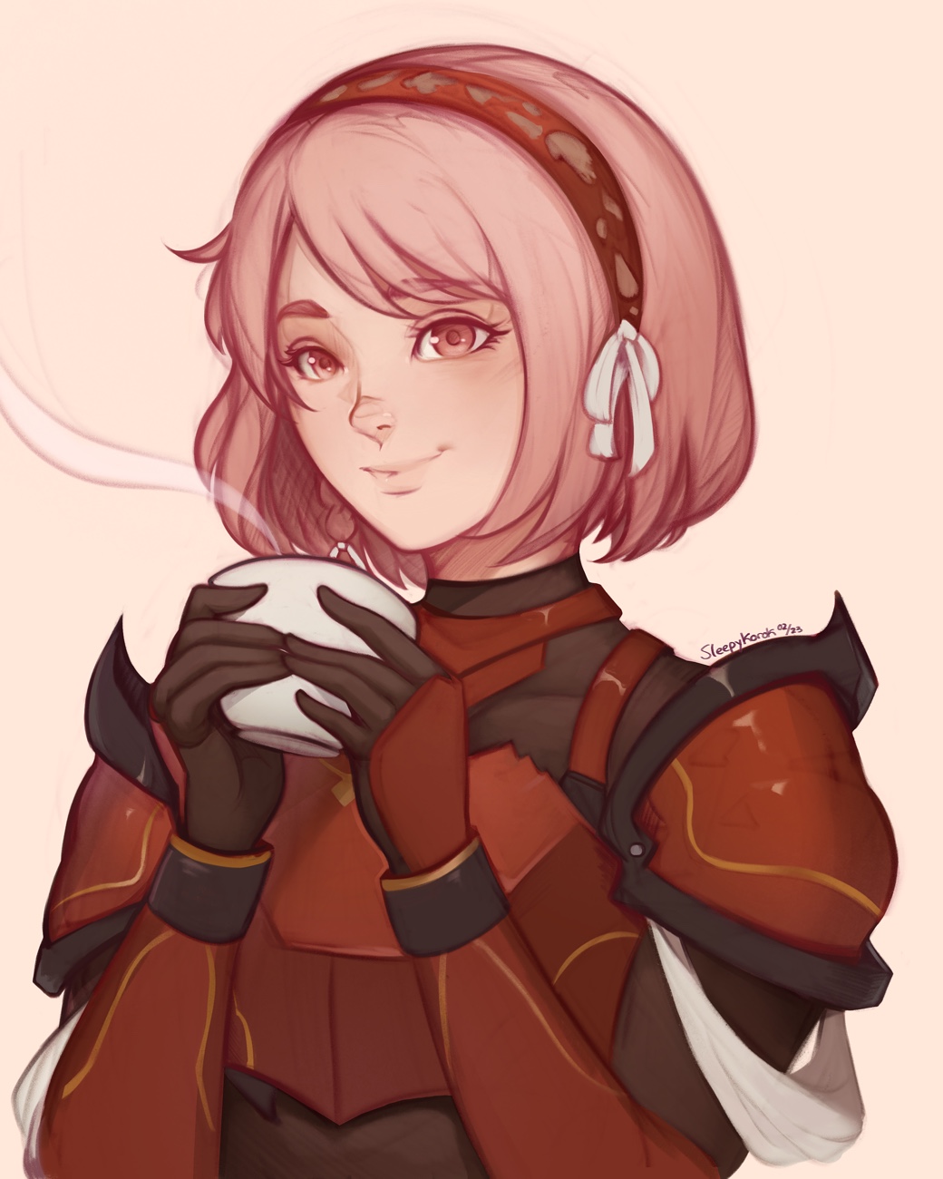 1girl, armor, artist_name, blush, braid, breastplate, commentary, cup