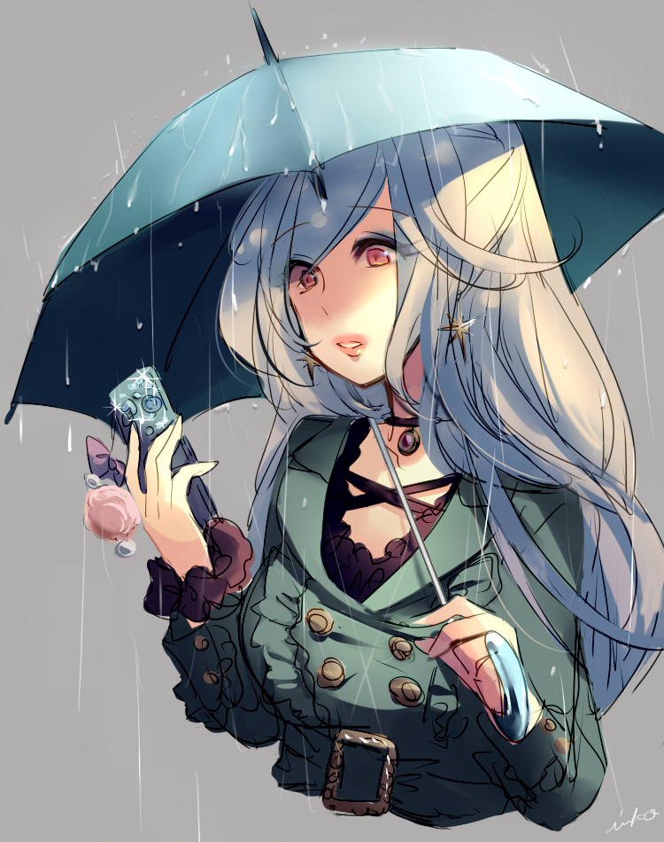 inko_(artist), inko_(mini), long_hair, original, phone, rain, raincoat, red_eyes