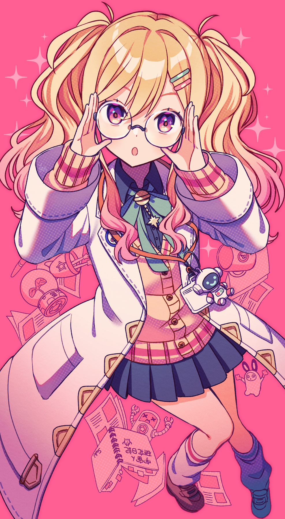 1girl, :o, bell, blonde_hair, blue_skirt, blush, book, brown_cardigan