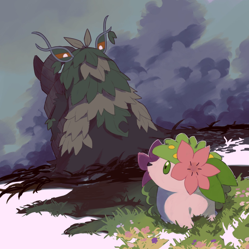 clouds, cloudy_sky, flower, grass, green_eyes, highres, leaf, looking_at_another, no_humans, orange_eyes, outdoors, pink_flower, pokemon, pokemon_(creature), shaymin, shaymin_(land), sky, v_(govvvvw), wo-chien