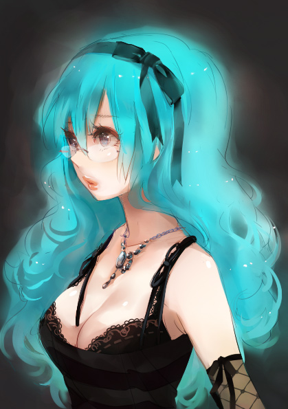 breasts, cleavage, curly_hair, glasses, grey_eyes, hair_ornament, inko_(artist), inko_(mini)