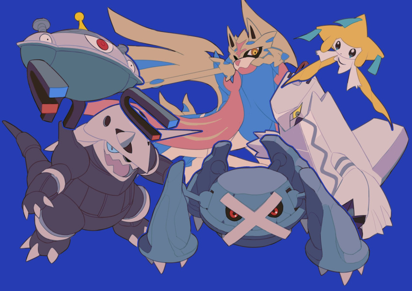 aggron, blue_background, blue_sclera, colored_sclera, duraludon, fangs, full_body, highres