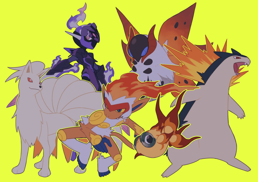 ceruledge, chi-you, claws, fangs, fire, fish, full_body, highres, infernape, ninetales, no_humans, open_mouth, pokemon, pokemon_(creature), simple_background, tail, typhlosion, v_(govvvvw), volcarona, wings, yellow_background
