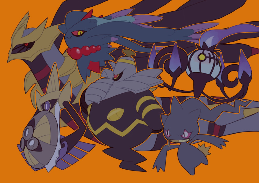 aegislash, banette, bead_necklace, beads, black_eyes, chandelure, colored_sclera, dusknoir