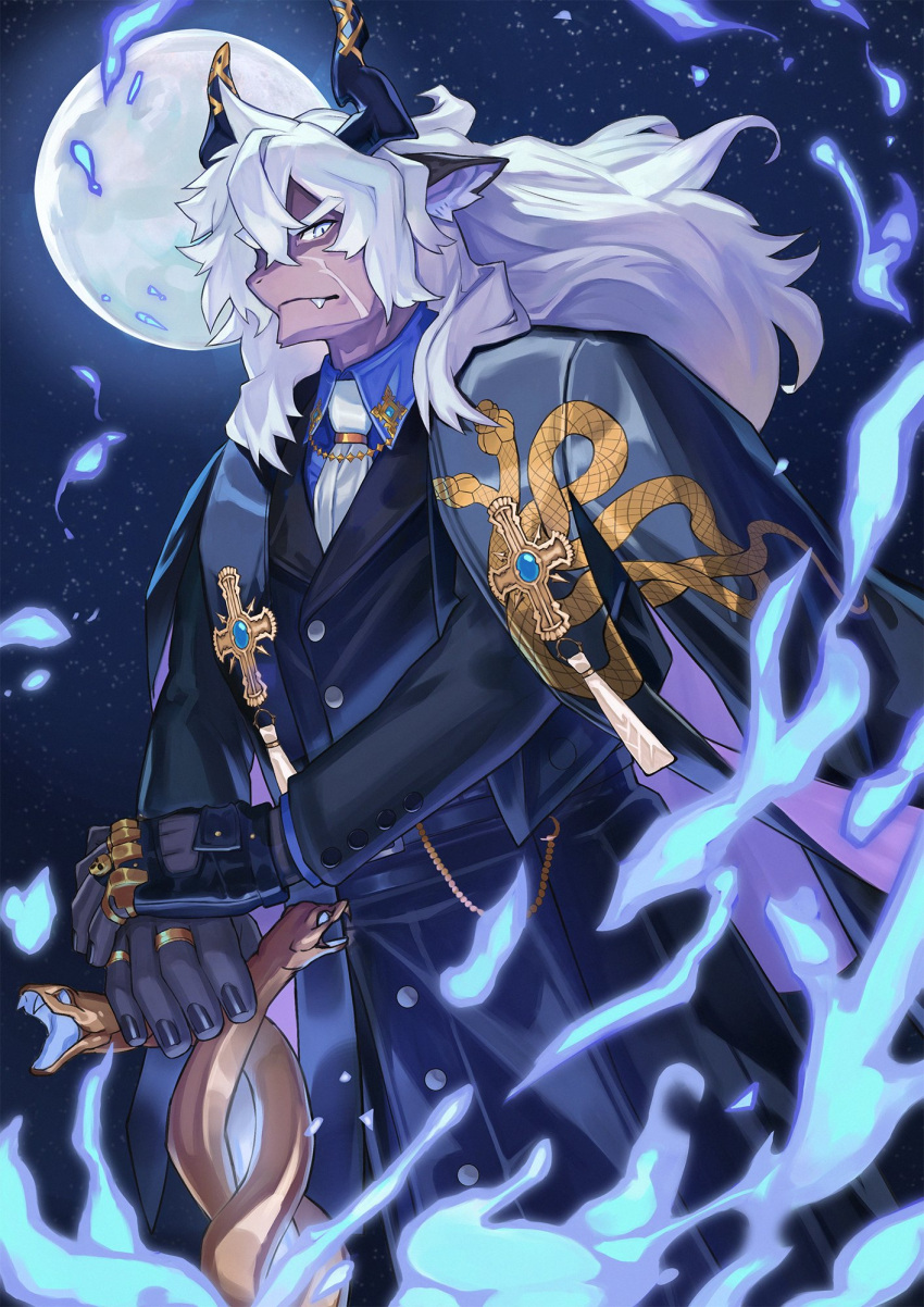 1boy, alchemy_stars, ascot, black_shirt, cane, collared_shirt, fang, fire