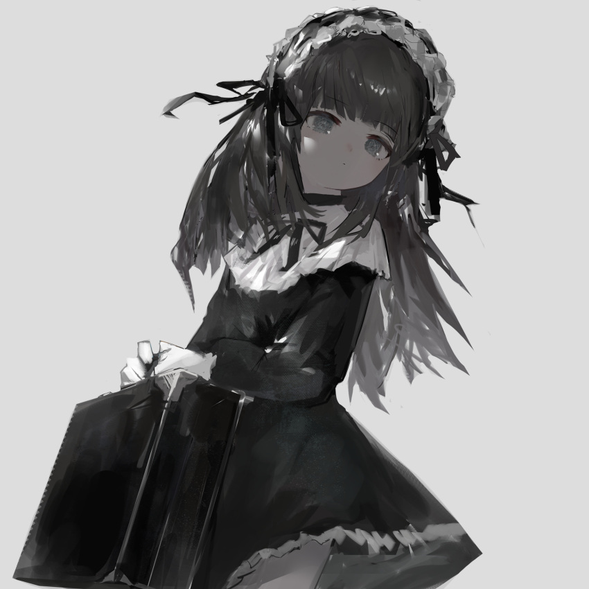 1girl, black_choker, black_dress, black_hair, black_ribbon, blunt_bangs, bonnet, choker