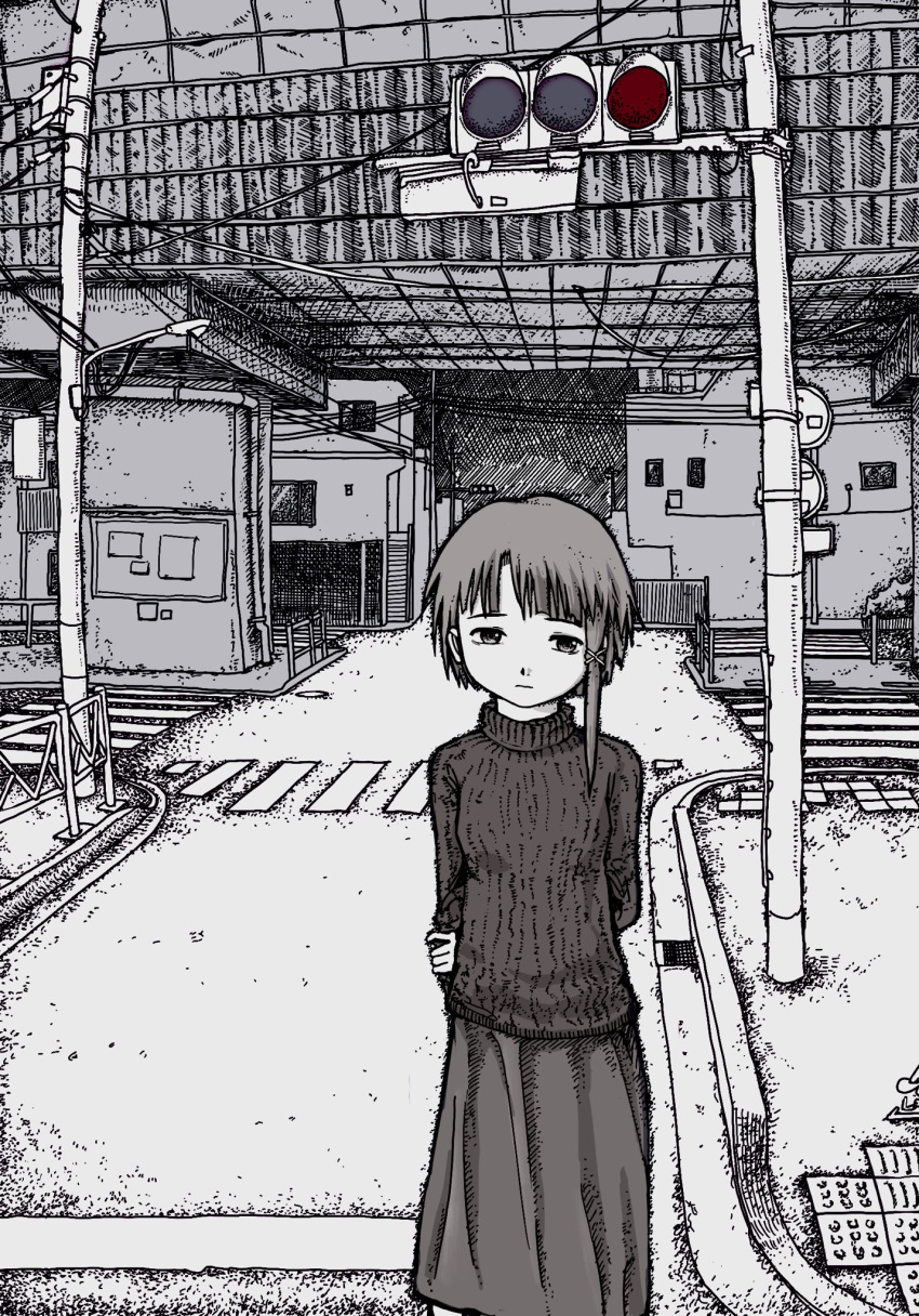 :/, :|, arms_behind_back, asymmetrical_hair, bridge, building, closed_mouth, crosswalk
