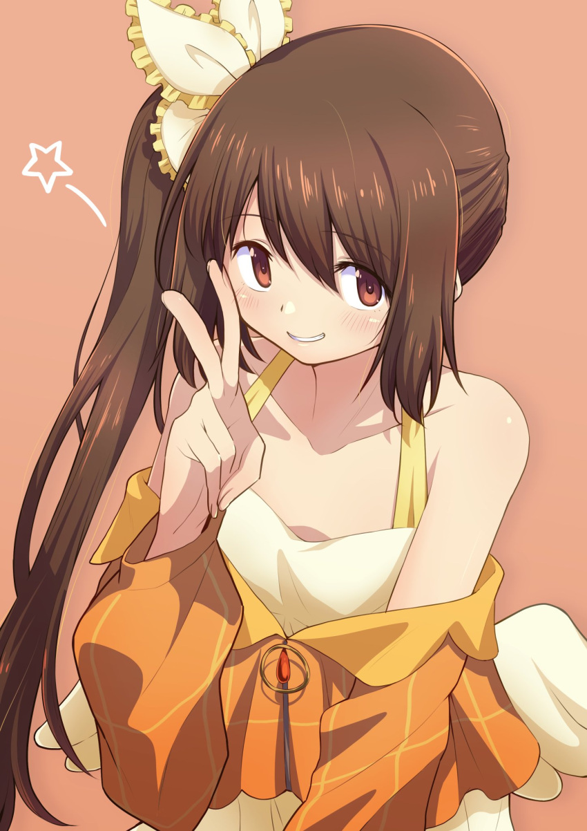 1girl, arm_at_side, bare_shoulders, bow, brown_hair, clenched_teeth, collarbone, cropped_jacket