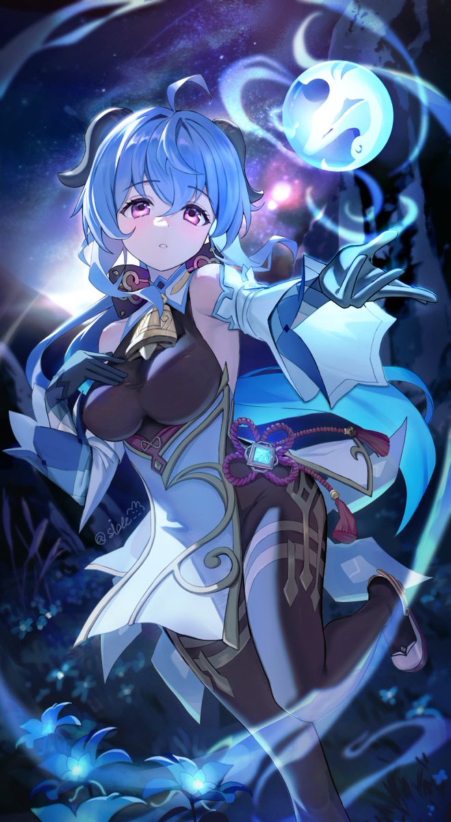 1girl, ahoge, artist_name, bare_shoulders, bell, black_pantyhose, blue_flower, blue_hair