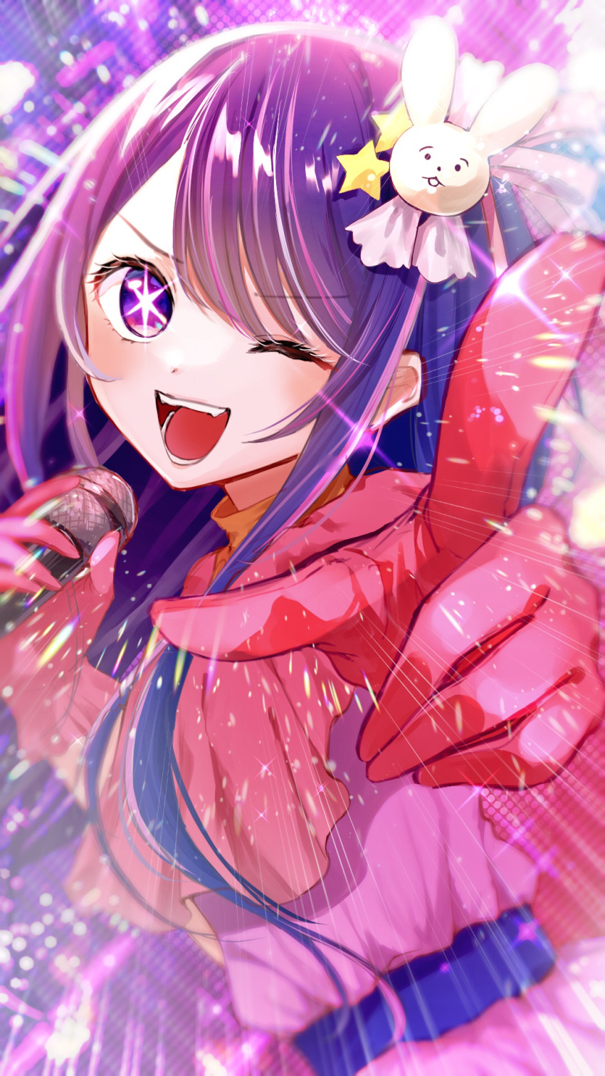 1girl, amakami_konomi_(artist), dress, gloves, hair_ornament, highres, holding, holding_microphone