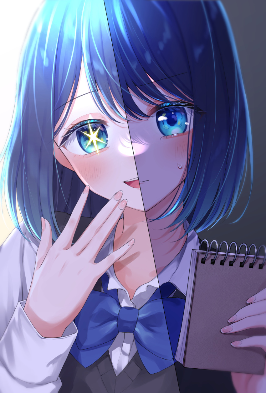 1girl, amakami_konomi_(artist), black_sweater_vest, blue_bow, blue_bowtie, blue_hair, bow, bowtie
