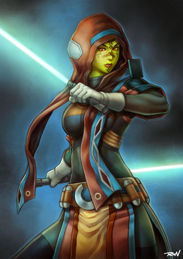 1girl, alien, artist_name, belt, colored_skin, dual_wielding, facial_mark, gloves, green_lightsaber, green_skin, holding, holding_lightsaber, hood, looking_at_viewer, mirialan, red_eyes, runshin, solo, star_wars, star_wars:_the_old_republic, watermark, white_gloves