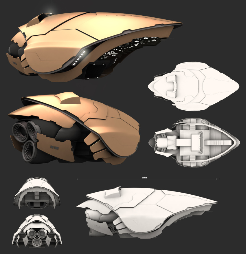 3d, amarr_empire_(eve_online), commentary, concept_art, eve_online, from_above, from_behind, from_below, from_side, glowing, grey_background, highres, multiple_views, no_humans, original, science_fiction, shoc86, spacecraft, thrusters, vehicle_focus