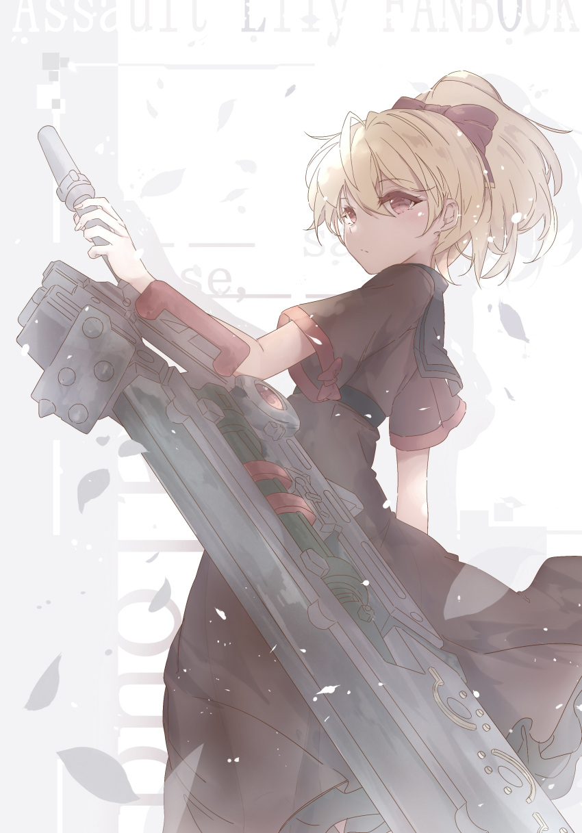 1girl, absurdres, andou_tazusa, arm_at_side, assault_lily, blonde_hair, bow, brown_dress