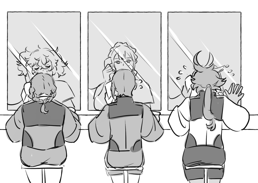 6+girls, asticassia_school_uniform, blush, braid, closed_eyes, french_braid, from_behind, gundam