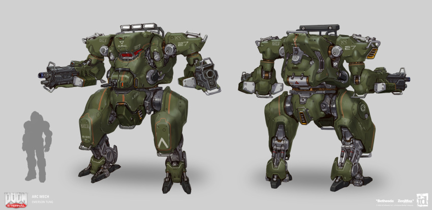 1boy, arc_mech, arm_cannon, chest_cannon, comparison, concept_art, doom_(series), doom_eternal