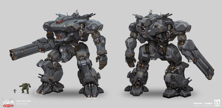 1boy, arm_cannon, cannon, chest_cannon, comparison, concept_art, doom_(series), doom_eternal, doomguy, emerson_tung, english_commentary, english_text, gradient_background, highres, id_software, logo, machinery, mecha, military, missile_pod, official_art, power_armor, production_art, realistic, robot, science_fiction, sketch, thrusters, title, weapon